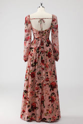 Dusty Rose Blumen Korsett A Linie Langärmeliges Hochzeitsgastkleid mit Schlitz